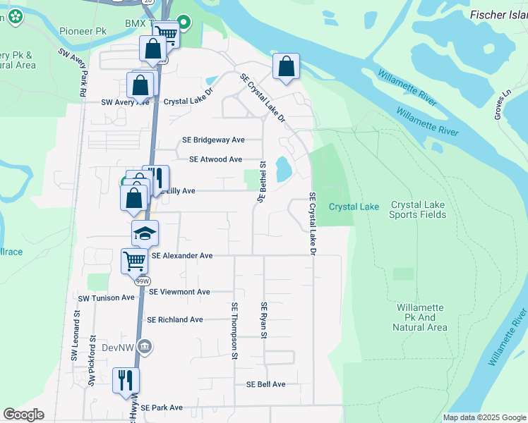 map of restaurants, bars, coffee shops, grocery stores, and more near 881 Southeast Bethel Place in Corvallis