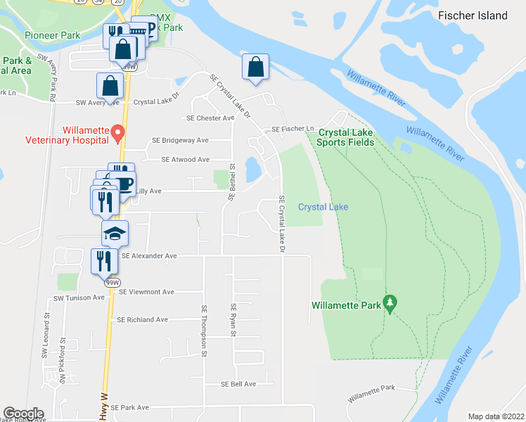 map of restaurants, bars, coffee shops, grocery stores, and more near 1947 Southeast Crystal Circle in Corvallis