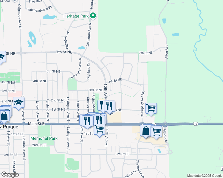 map of restaurants, bars, coffee shops, grocery stores, and more near 1200 4th Street Northeast in New Prague
