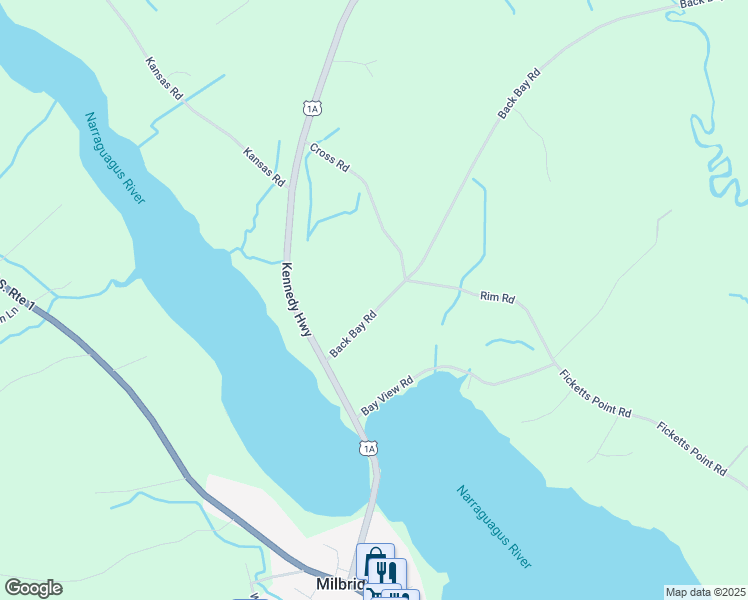 map of restaurants, bars, coffee shops, grocery stores, and more near 45 Back Bay Road in Milbridge