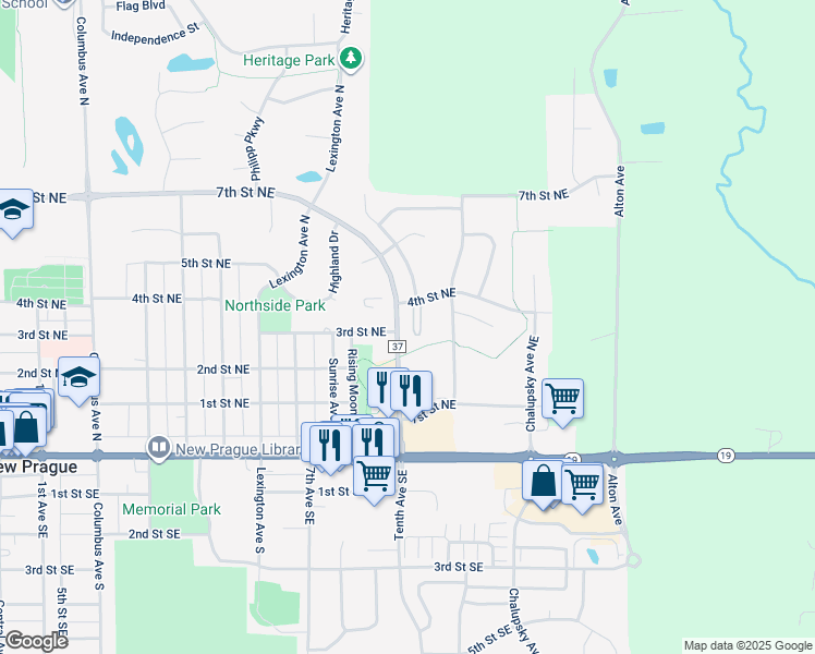 map of restaurants, bars, coffee shops, grocery stores, and more near 1200 4th Street Northeast in New Prague