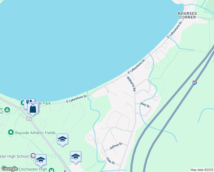map of restaurants, bars, coffee shops, grocery stores, and more near 25 Sandy Shore Terrace in Colchester