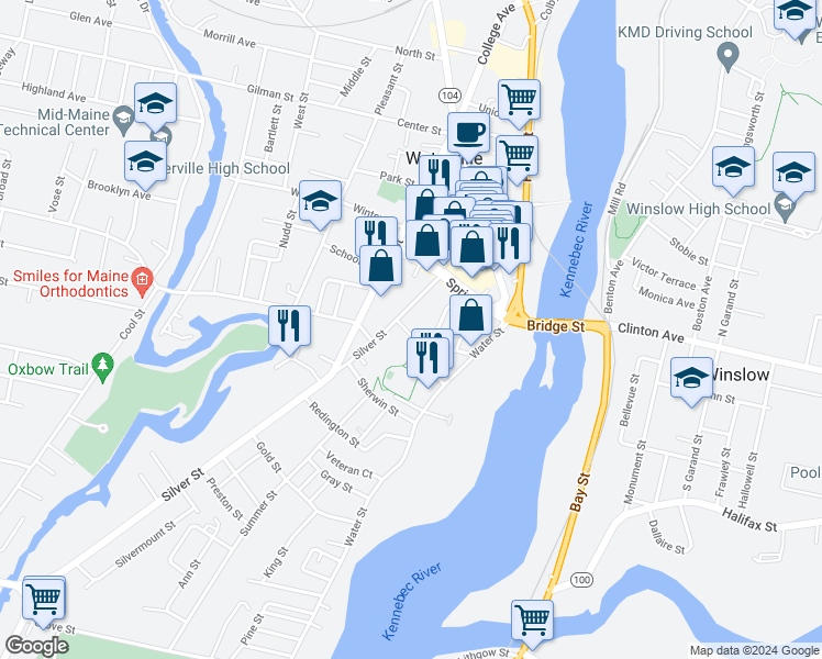 map of restaurants, bars, coffee shops, grocery stores, and more near 2 Silver Place in Waterville