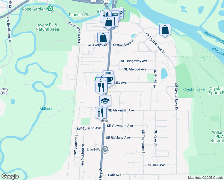map of restaurants, bars, coffee shops, grocery stores, and more near 1919 Southeast 3rd Street in Corvallis