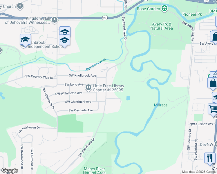 map of restaurants, bars, coffee shops, grocery stores, and more near 1815 Southwest Brooklane Drive in Corvallis