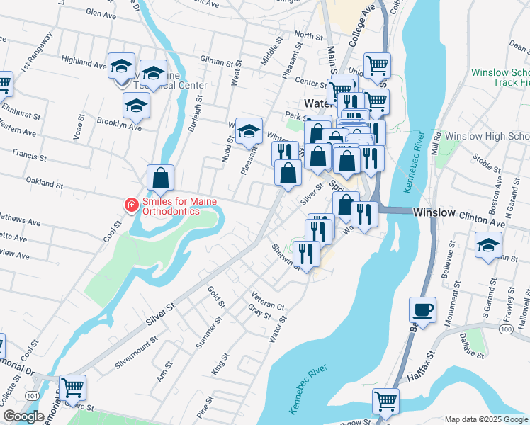 map of restaurants, bars, coffee shops, grocery stores, and more near in Waterville