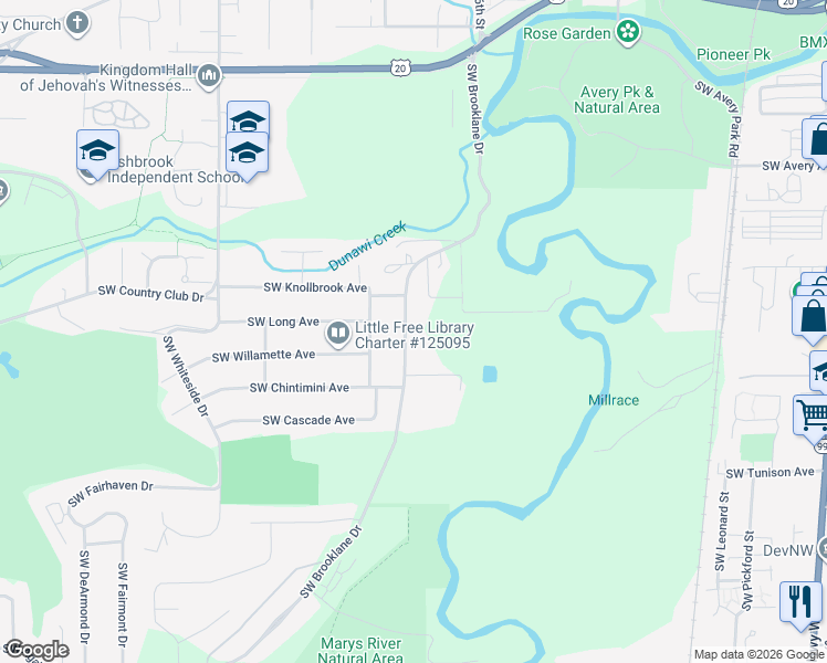 map of restaurants, bars, coffee shops, grocery stores, and more near 1815 Southwest Brooklane Drive in Corvallis