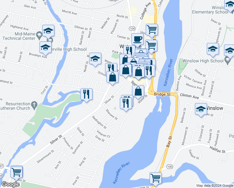 map of restaurants, bars, coffee shops, grocery stores, and more near 58 Silver Street in Waterville