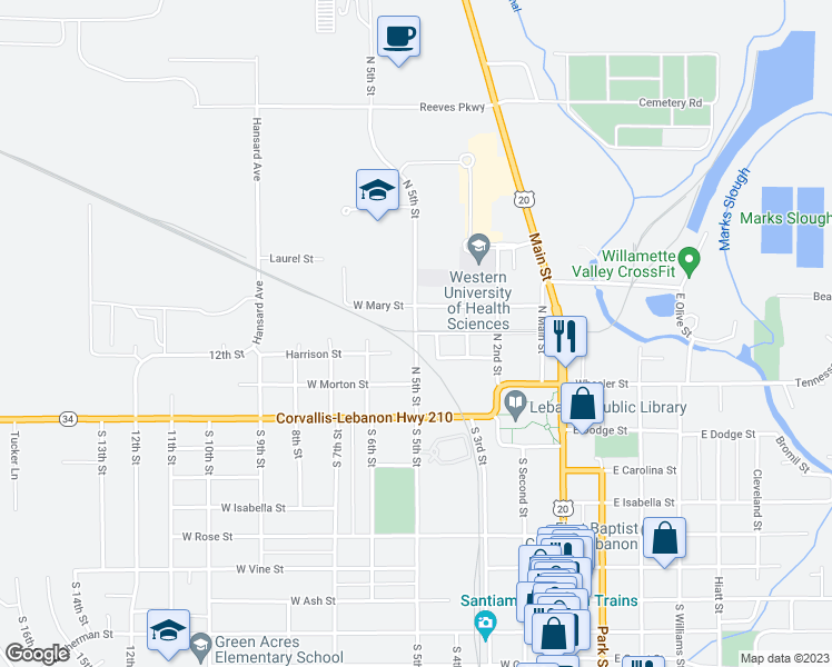 map of restaurants, bars, coffee shops, grocery stores, and more near 201 North 5th Street in Lebanon