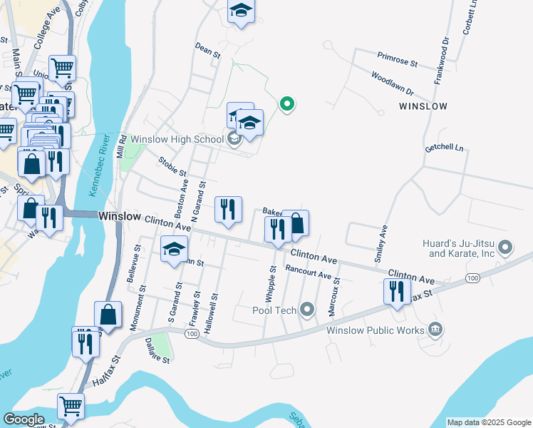 map of restaurants, bars, coffee shops, grocery stores, and more near 8 Cone Street in Winslow