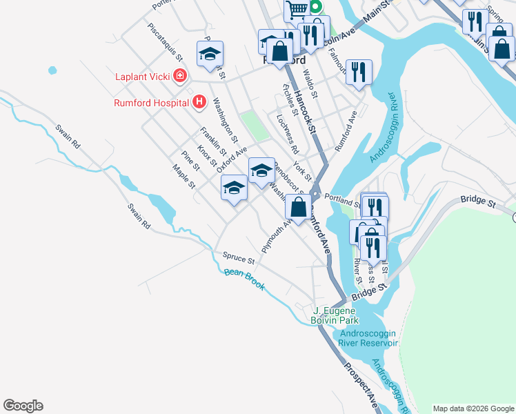 map of restaurants, bars, coffee shops, grocery stores, and more near 116 Knox Street in Rumford