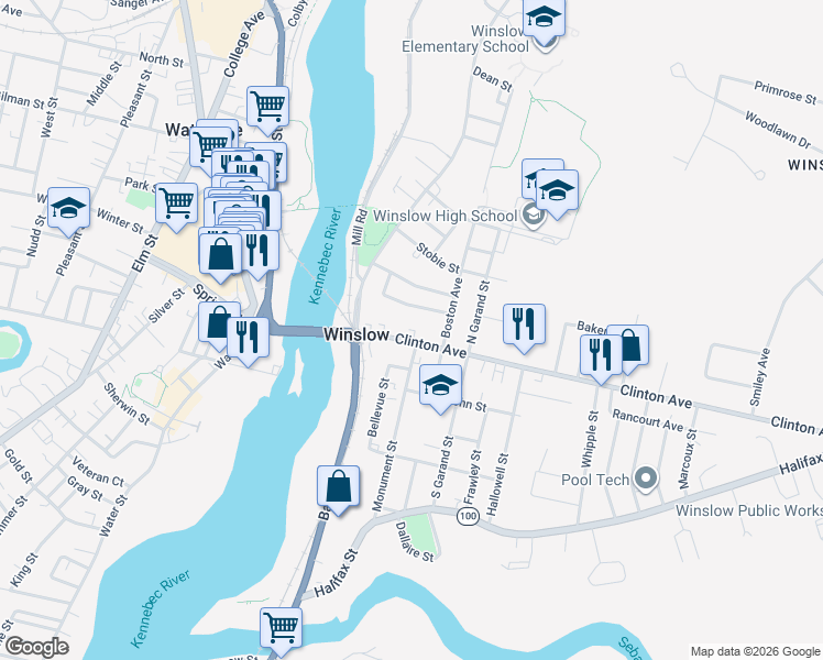 map of restaurants, bars, coffee shops, grocery stores, and more near 44 Clinton Avenue in Winslow