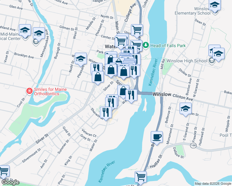 map of restaurants, bars, coffee shops, grocery stores, and more near 4 Oxford Street in Waterville
