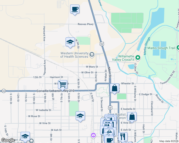map of restaurants, bars, coffee shops, grocery stores, and more near 221 North 3rd Street in Lebanon