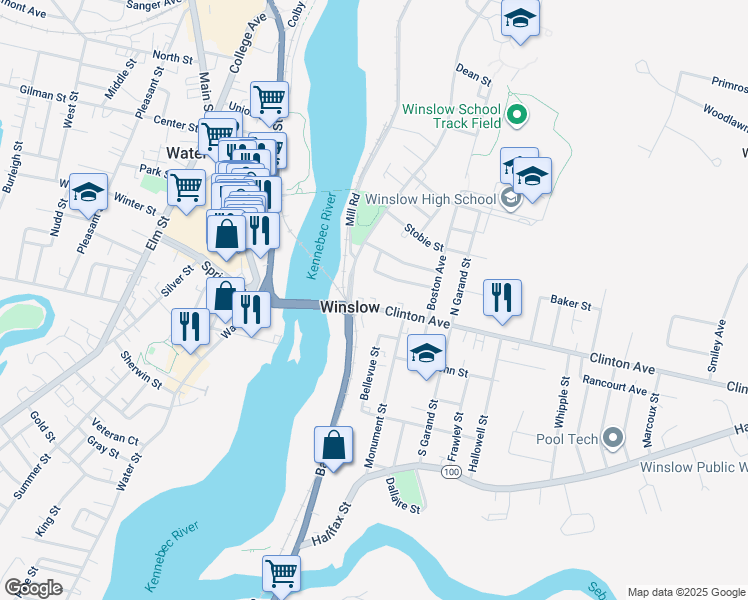 map of restaurants, bars, coffee shops, grocery stores, and more near 21 Clinton Avenue in Winslow
