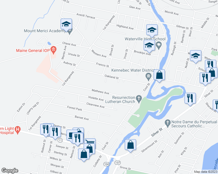 map of restaurants, bars, coffee shops, grocery stores, and more near 32 Mathews Avenue in Waterville