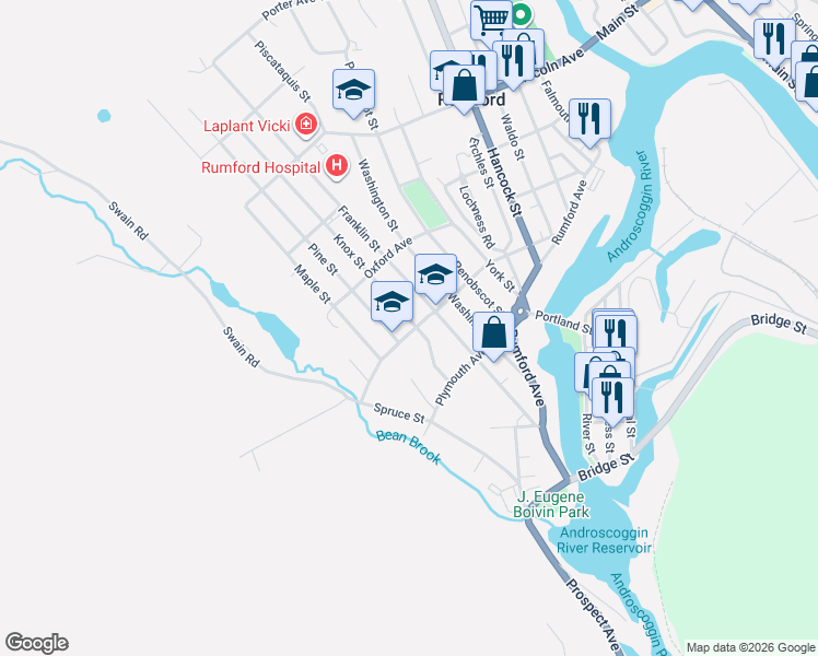 map of restaurants, bars, coffee shops, grocery stores, and more near 201 Pine Street in Rumford
