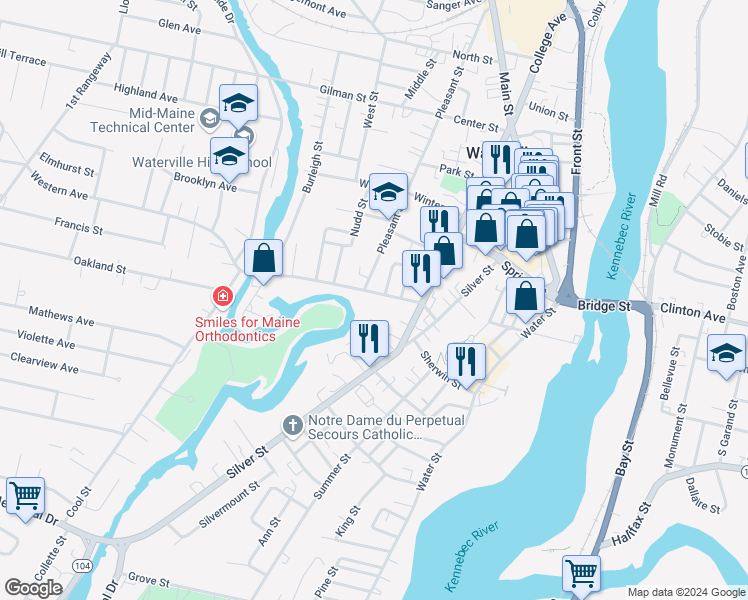 map of restaurants, bars, coffee shops, grocery stores, and more near 28 Western Avenue in Waterville