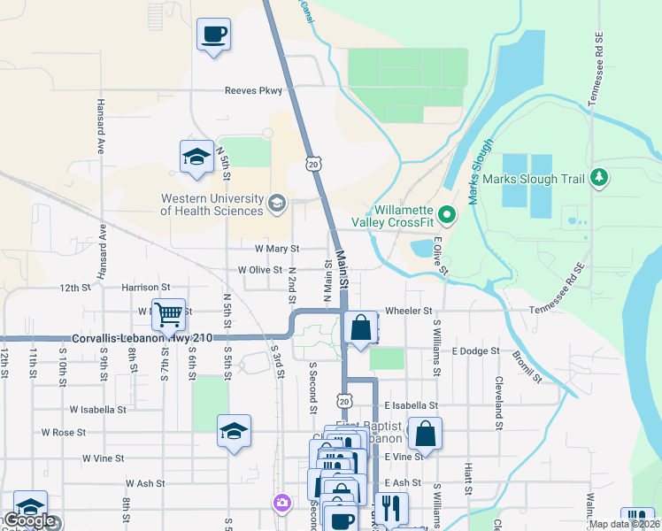 map of restaurants, bars, coffee shops, grocery stores, and more near 263 North Main Street in Lebanon