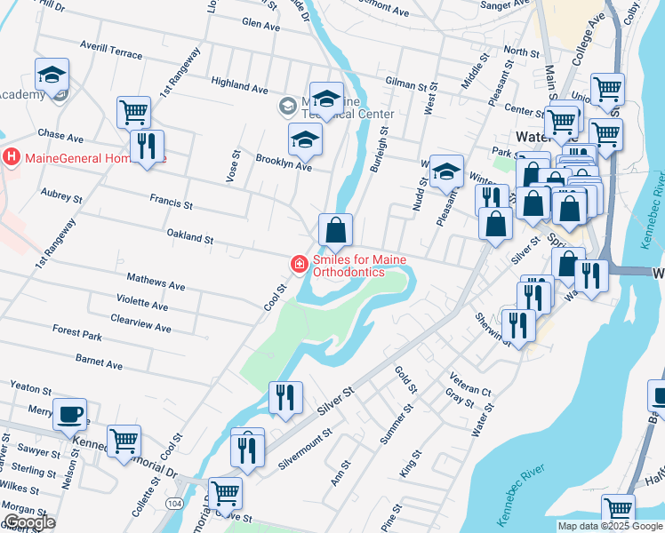map of restaurants, bars, coffee shops, grocery stores, and more near 6 South Street in Waterville