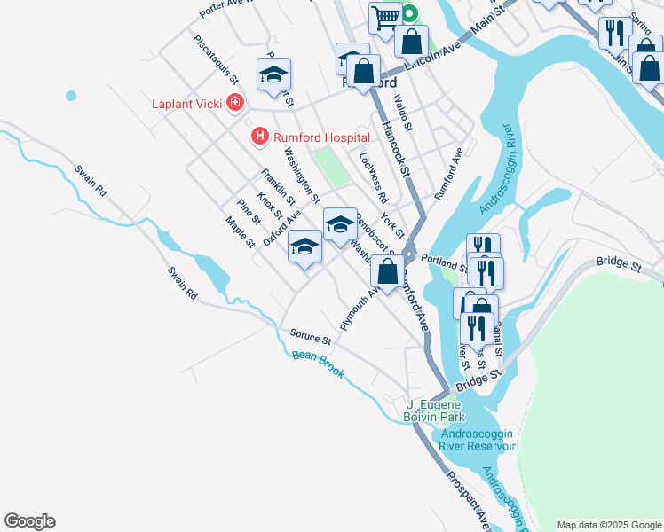 map of restaurants, bars, coffee shops, grocery stores, and more near 116 Knox Street in Rumford