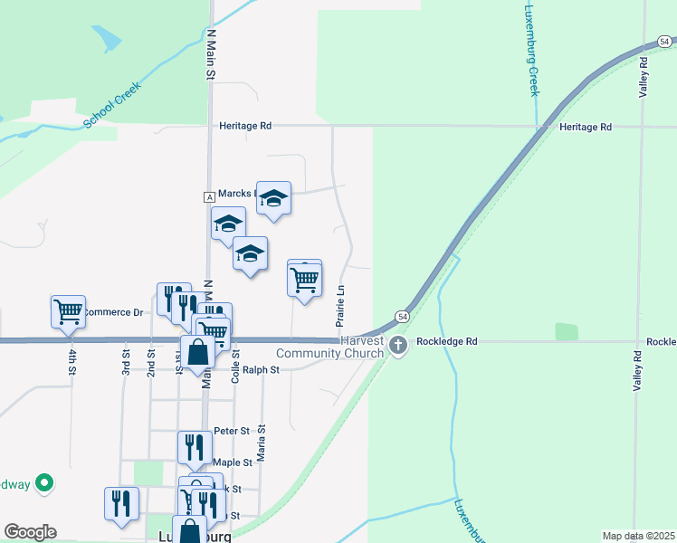 map of restaurants, bars, coffee shops, grocery stores, and more near 117 Prairie Lane in Luxemburg