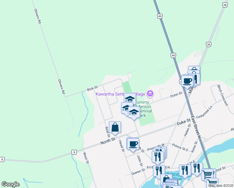 map of restaurants, bars, coffee shops, grocery stores, and more near 6 Hillview Drive in Kawartha Lakes
