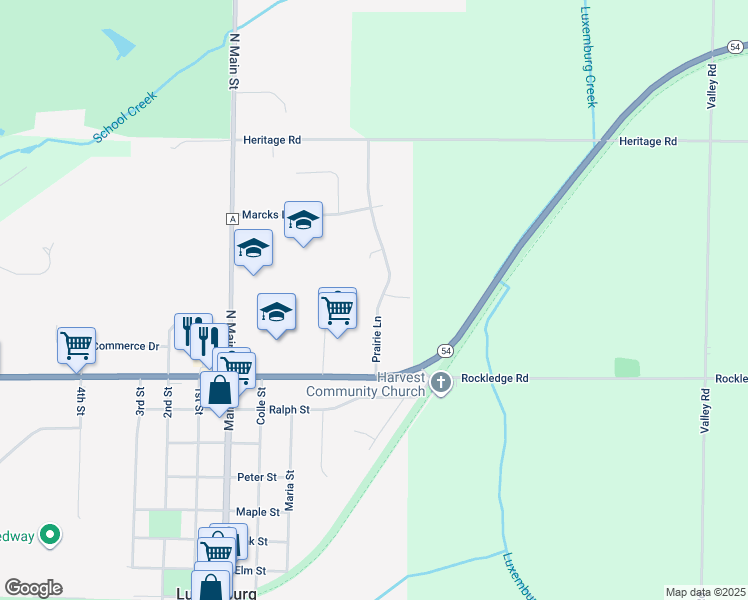 map of restaurants, bars, coffee shops, grocery stores, and more near 117 Prairie Lane in Luxemburg