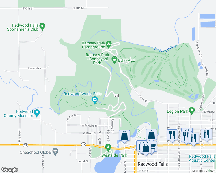 map of restaurants, bars, coffee shops, grocery stores, and more near County Road 31 in Redwood Falls