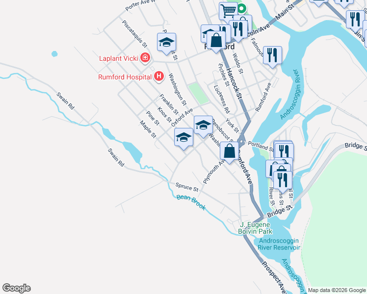map of restaurants, bars, coffee shops, grocery stores, and more near 201 Pine Street in Rumford