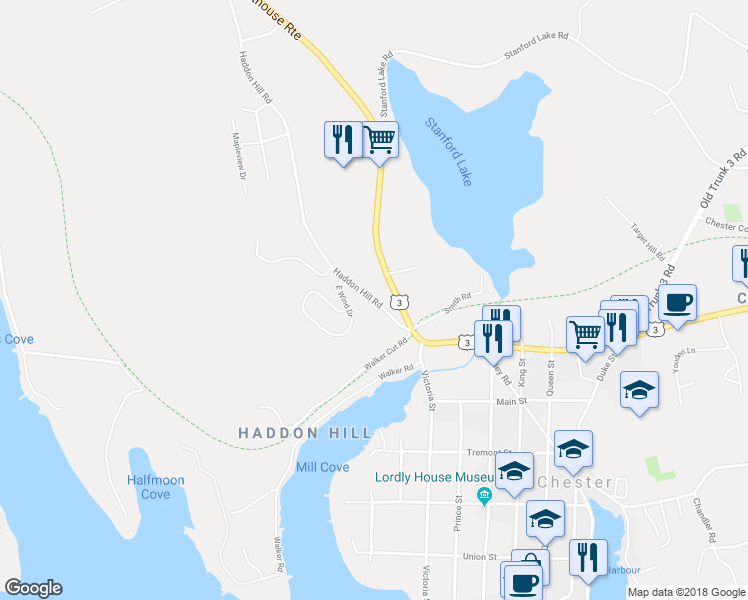 map of restaurants, bars, coffee shops, grocery stores, and more near 33 Haddon Hill Road in Chester Basin