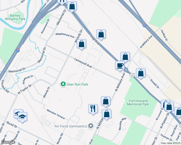 map of restaurants, bars, coffee shops, grocery stores, and more near 1156 Roland Lane in Green Bay