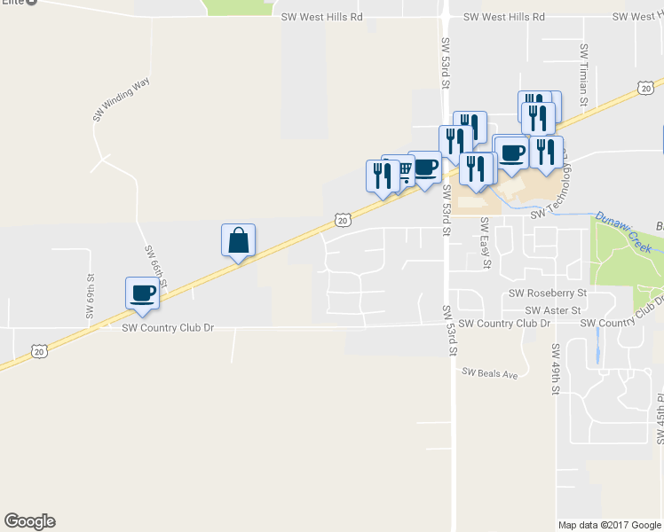 map of restaurants, bars, coffee shops, grocery stores, and more near 1693 Southwest Barley Hill Drive in Corvallis