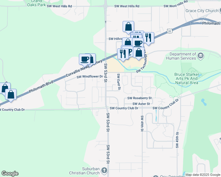 map of restaurants, bars, coffee shops, grocery stores, and more near 1645 Southwest 53rd Street in Corvallis