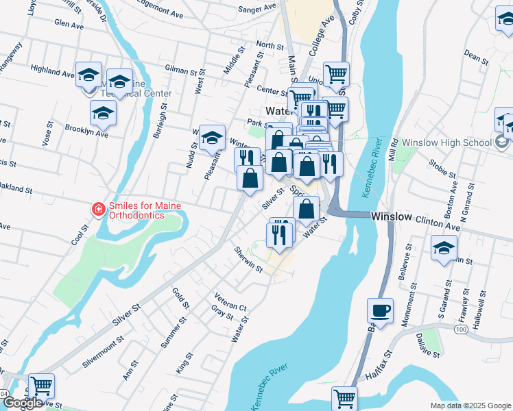 map of restaurants, bars, coffee shops, grocery stores, and more near 38 Elm Street in Waterville