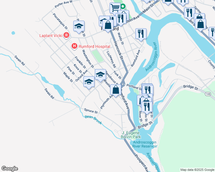 map of restaurants, bars, coffee shops, grocery stores, and more near 137 Penobscot Street in Rumford