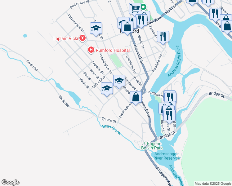 map of restaurants, bars, coffee shops, grocery stores, and more near 220 Franklin Street in Rumford