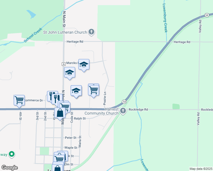 map of restaurants, bars, coffee shops, grocery stores, and more near 713 Prairie Court in Luxemburg