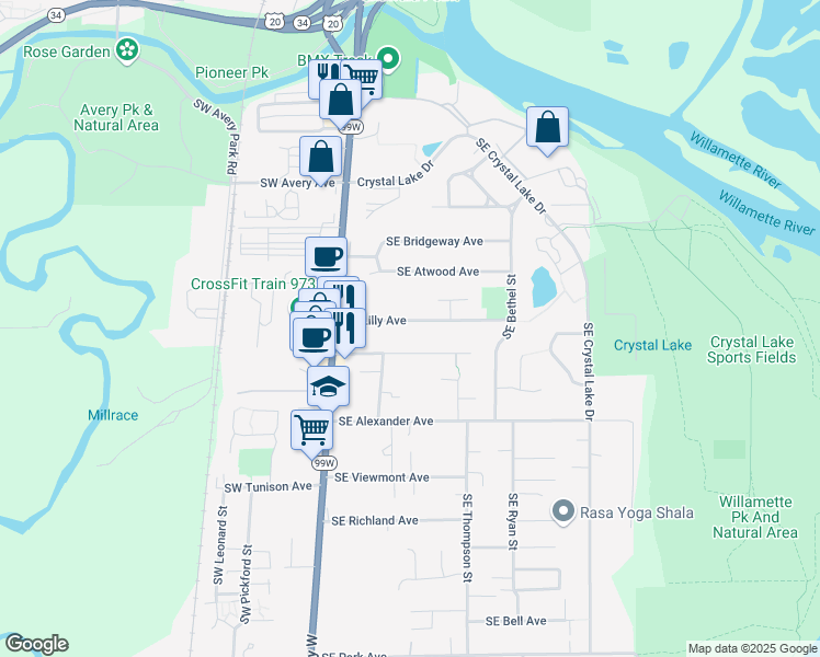 map of restaurants, bars, coffee shops, grocery stores, and more near 453 Southeast Lilly Avenue in Corvallis