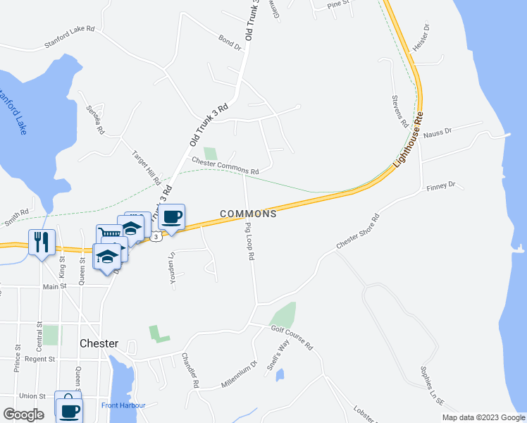 map of restaurants, bars, coffee shops, grocery stores, and more near 3715 Nova Scotia Trunk 3 in Chester