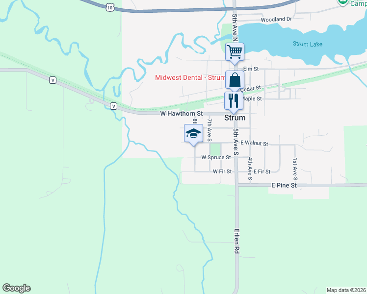 map of restaurants, bars, coffee shops, grocery stores, and more near 303 West Walnut Street in Strum