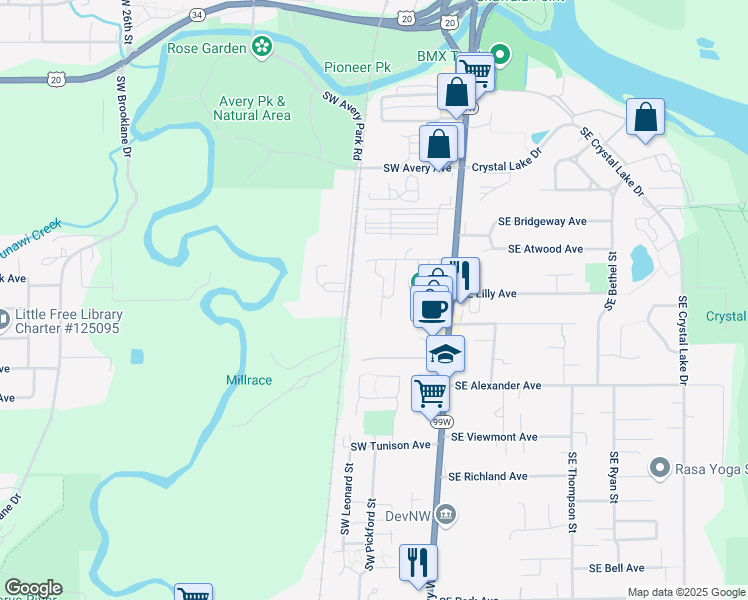 map of restaurants, bars, coffee shops, grocery stores, and more near 1730 Southwest Edging Drive in Corvallis