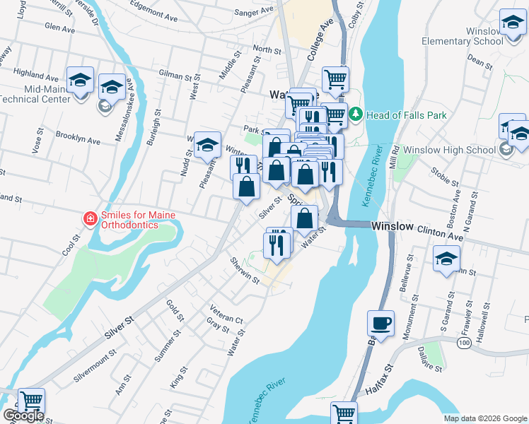 map of restaurants, bars, coffee shops, grocery stores, and more near 47 Silver Street in Waterville