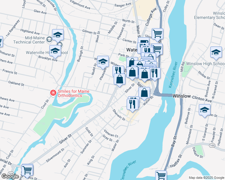 map of restaurants, bars, coffee shops, grocery stores, and more near 38 Elm Street in Waterville