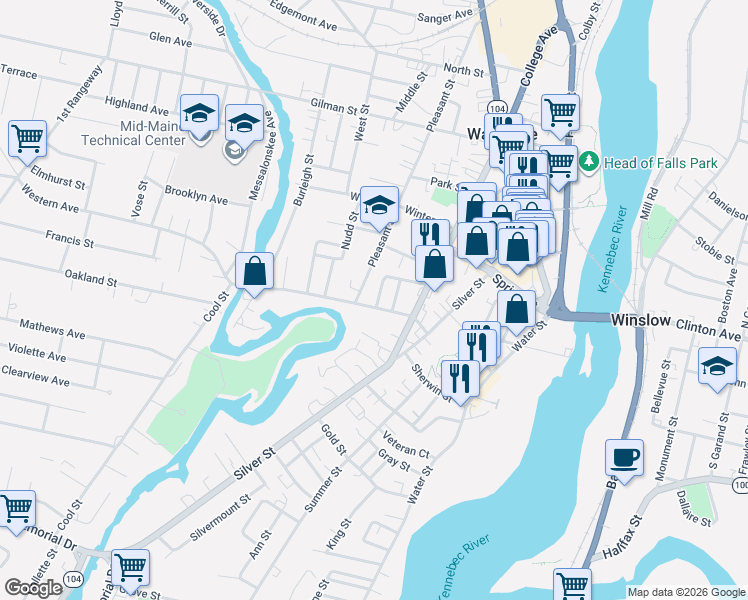 map of restaurants, bars, coffee shops, grocery stores, and more near 2 Pleasant Street in Waterville