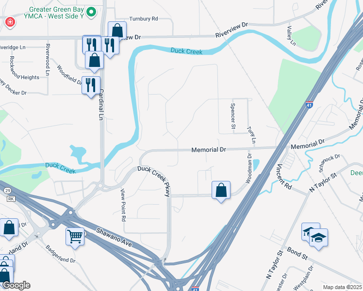map of restaurants, bars, coffee shops, grocery stores, and more near 260 Hidden Creek Trail in Green Bay