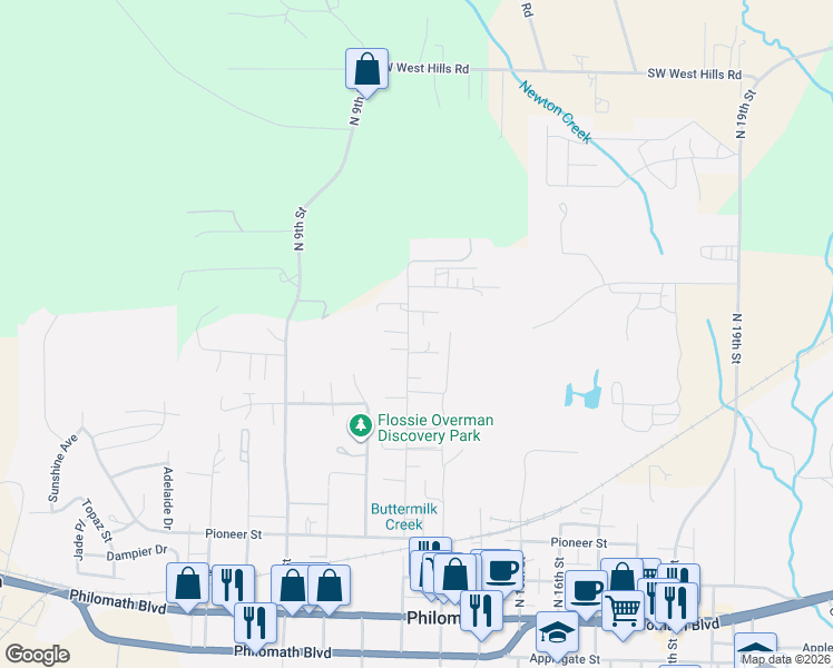 map of restaurants, bars, coffee shops, grocery stores, and more near 1211 Adams Street in Philomath