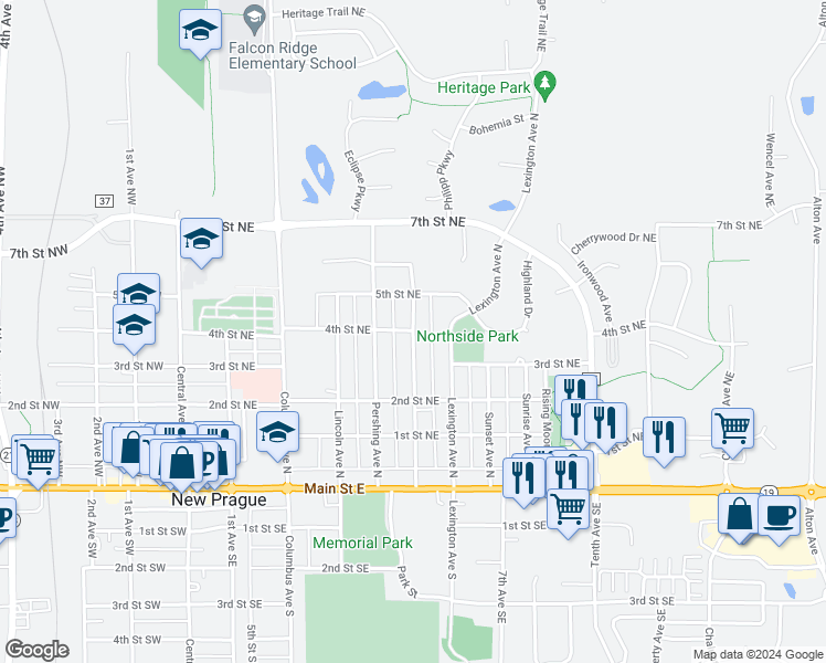 map of restaurants, bars, coffee shops, grocery stores, and more near 598 4th Street Northeast in New Prague