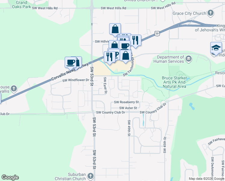 map of restaurants, bars, coffee shops, grocery stores, and more near 5054 Southwest Technology Loop in Corvallis