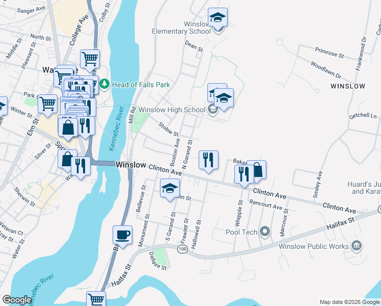 map of restaurants, bars, coffee shops, grocery stores, and more near 15 Boston Avenue in Winslow